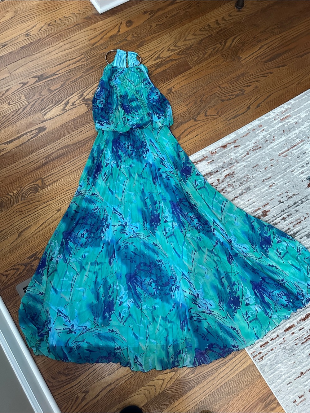 Xscape Teal & Blue Pleated Halter Maxi Dress